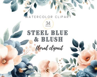 Watercolor Floral Clipart, Dusty Blue & Blush Florals, Wedding Flowers Clipart, Boho Floral Elements, Floral Arrangements, Premade Clipart