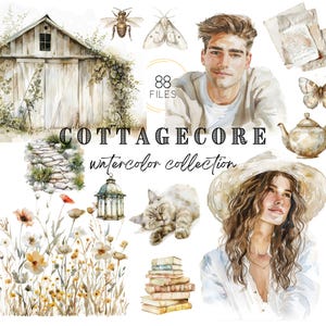 Cottagecore Aquarell Clipart Bundle, Vintage PNG Dateien, Motten, Laterne, Wildblumen, Natur Elemente, gemütliche Bauernhaus Szenen, Scrapbooking