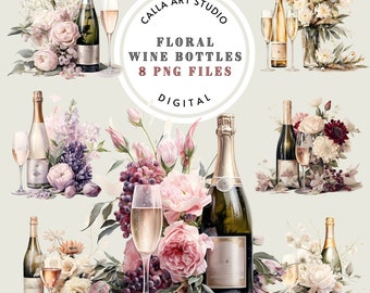 Romantischer Wein Clipart Bundle, Aquarell Blumen Clip Art, Feier Clipart, Valentinstag Clipart, Hochzeit Clipart PNG, Brautdusche Dekor