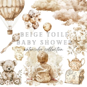 Beige toile de jouy babyshower clipart, Franse bloemen clipart, aquarel illustraties, teddybeer png, boho babyshower, verjaardag clipart