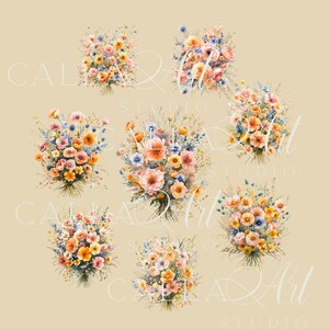 Watercolor Floral Clipart, Summer Flower Bouquets, Wedding Clipart, Floral Arrangments, Floral Clipart, Wild Flowers PNG, Premade Clipart image 4