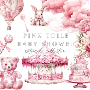 Rosa Toile De Jouy Babyparty Clipart, französisches rosa Blumen Clipart, Aquarell Clip Art, Teddybär PNG, Boho-Babyparty, Geburtstag Clipart