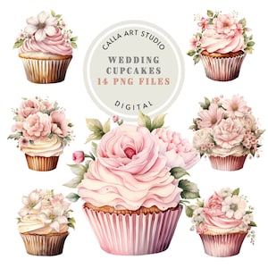 Conjunto de imágenes prediseñadas de cupcakes florales de acuarela, imágenes PNG digitales para bodas, despedidas de soltera, decoración de cumpleaños, postres, imágenes prediseñadas, paquete de dulces PNG