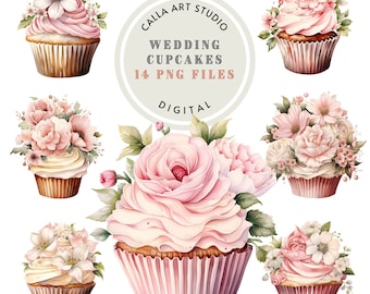 Watercolor Floral Cupcake Clipart Set Digital PNG Images for Wedding Bridal Shower Birthday Decor Dessert Clipart Art Bundle Sweets PNG