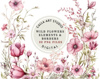 Wild Flowers, Watercolor Clipart, Wild Floral Clipart, Wedding Florals, Summer Clipart, Premade Borders, Premade Clipart, Flowers PNG
