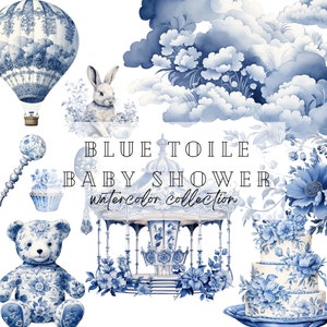 Toile de Jouy bleue Baby Shower Clipart, Clipart floral bleu Français, aquarelle Clip Art, ours en peluche PNG, Baby Shower Boho, Clipart anniversaire