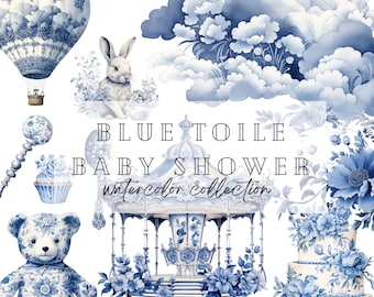 Blue Toile De Jouy Baby Shower Clipart, French Blue Floral Clipart, Watercolor Clip Art, Teddy Bear PNG, Boho Baby Shower, Birthday Clipart