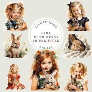 Kleines Mädchen und Hase Clipart, Ostern Frühling Clipart, 10 hochwertige PNGs, digitaler Download, Kartenherstellung, Mixed Media, digitales Papier Handwerk