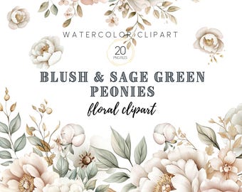 Clipart floral aquarelle, pivoine blush ivoire, fleurs crème, clipart mariage, compositions florales, bouquets de fleurs de pivoine, clipart tout prêt