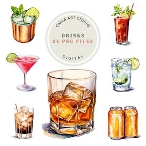Pacchetto di clipart di cocktail ad acquerello per menu di bar per matrimoni Bevande PNG Clipart per feste di compleanno Grafica per scrapbooking Immagini di bevande Whiskey PNG