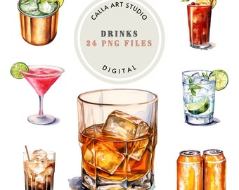 Aquarell Cocktails Clipart Bundle für Hochzeit Bar Menü Getränke PNG Geburtstagsparty Clipart Scrapbooking Grafiken Drink Bilder Whisky PNG