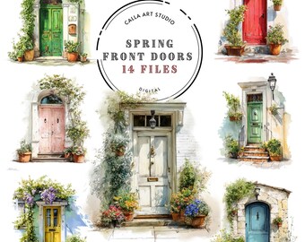Spring Front Doors Clipart, Watercolor Cottage Entrance PNG, Floral Doorway Illustrations, Garden Door Clip Art, Countryside Home Decor