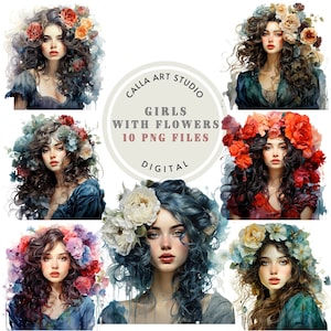 Pacote de clipart de aquarela para meninas das flores, PNG de garota bonita, arte de pessoas, clipart romântico, download digital, senhora vintage, diário de lixo