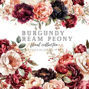 Watercolor Peony Flowers, Burgundy Peony, Floral wreaths, Bridal Decor, Wedding Clipart, Floral Arrangments, Floral Clipart, Premade Clipart