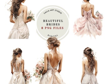 8 Watercolor Bride Backview Images, Wedding Clipart PNG, Wedding Decor, Bride Clipart, Bridal Decor, Digital Download File, Commercial Use