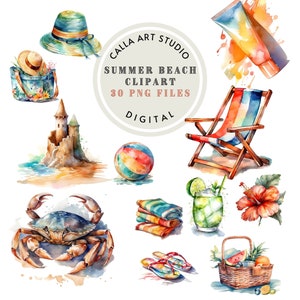 Summer Beach Clipart Bundle PNG Ocean Clipart Watercolor Summer Holiday Travel Clipart Cardmaking Beach Clip Art for Commercial Use