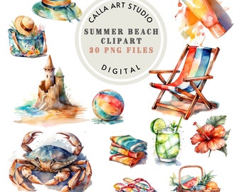 Summer Beach Clipart Bundle PNG Ocean Clipart Watercolor Summer Holiday Travel Clipart Cardmaking Beach Clip Art for Commercial Use