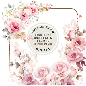 Pink Rose Watercolor Clipart, Gold Frames, Wedding Clipart, Pink Florals for Invite, Roses Clipart, Premade Roses Bouquets, Watercolor Art