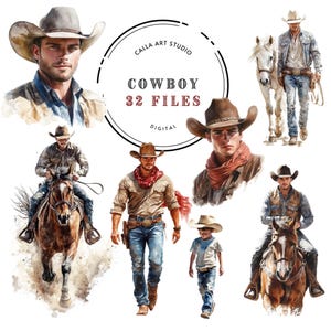 Cowboy Clipart Set, Western Rodeo PNGs, Watercolor Cowboy Art, Horse & Ranch Digital Illustrations, 32 PNG Files, Commercial Use Clipart