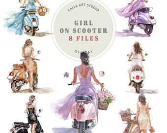Girl on Scooter Clipart, Vespa Girl Clipart, Scooter Girl PNG, Watercolor Clip Art, Beautiful Girl Clipart, Summer Girl PNG Romantic Clipart
