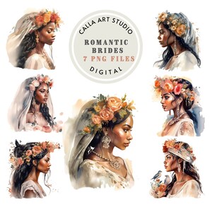 Bundle aquarelle de cliparts mariées impression d'Art noir fille bohème PNG femme noire des cliparts téléchargement numérique fille noire Art mural usage Commercial