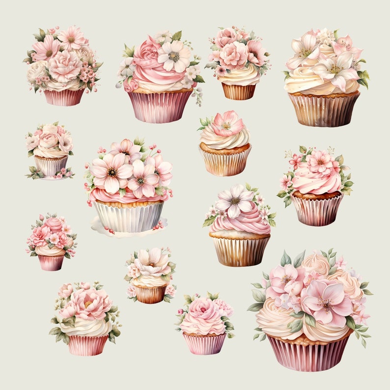 Watercolor Floral Cupcake Clipart Set Digital PNG Images for Wedding ...
