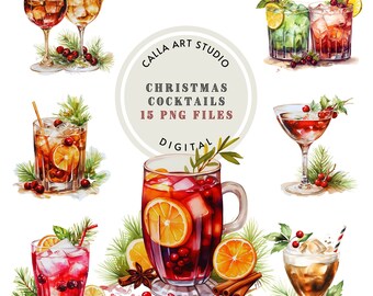 Watercolor Christmas Drinks Clipart, Cocktails Clip Art, Festive Food and Drink, Winter Holidays, Mulled Wine, Scrapbooking, Printables