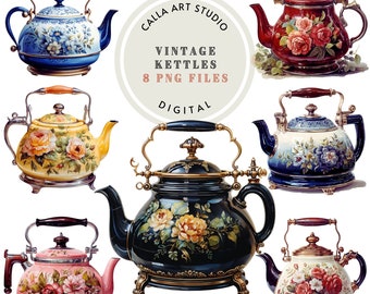 Watercolor Vintage Kettle Clipart High Quality PNG files Kitchen Clipart Retro Clip Art Kettle Illustration Scrapbooking Printable