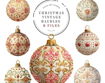 Vintage Christmas Baubles Clipart, Victorian Ornament PNG, Retro Holiday Decor, Baroque Christmas Balls, Elegant Watercolor Clip Art
