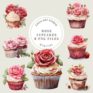Clipart de acuarela de cupcakes florales, arte de cupcakes decorados con rosas, ilustraciones de postres dulces, imágenes de panadería, decoración de cumpleaños, dulces PNG