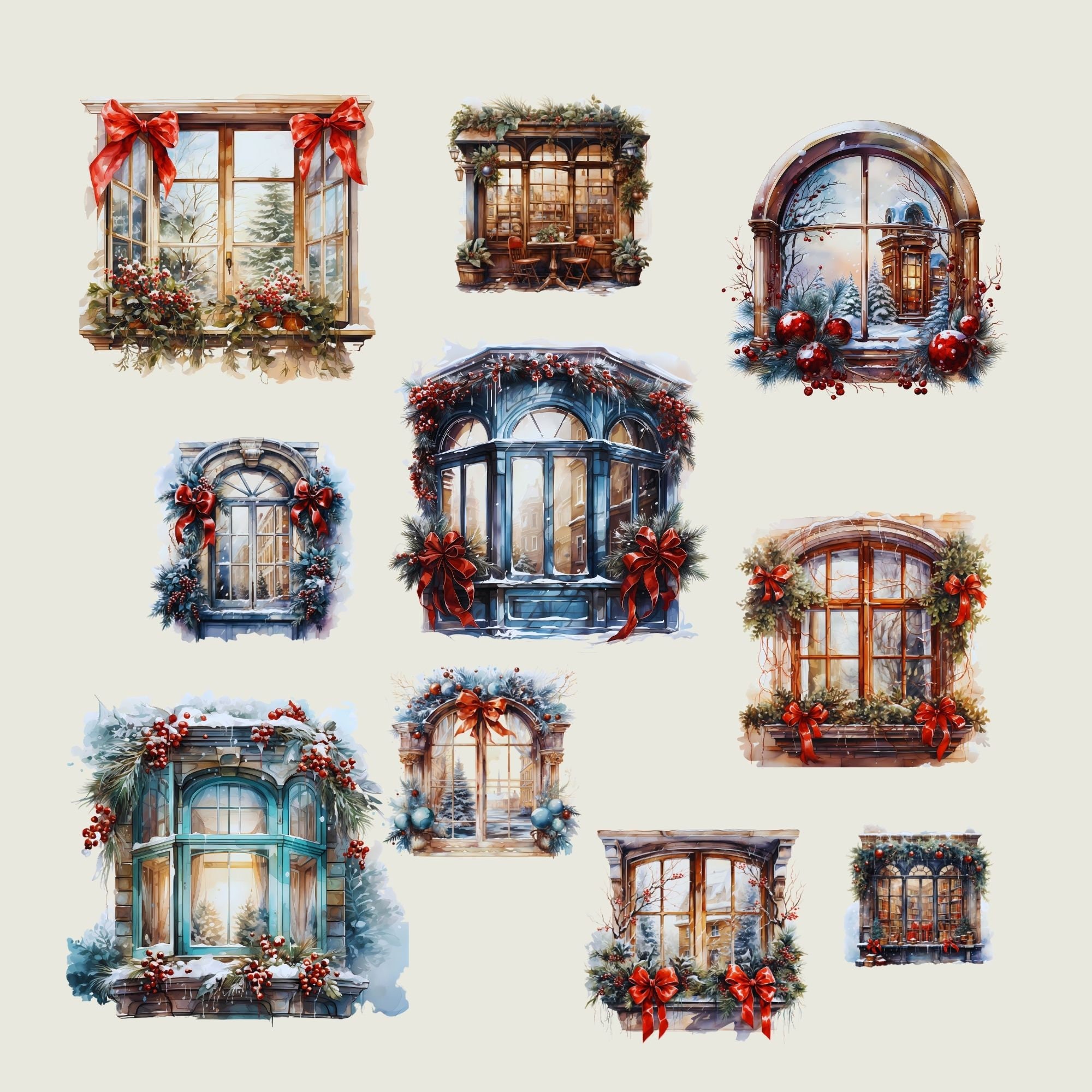 Window Prinatables Christmas Window Clipart Collection Watercolor Xmas Decor Winter ...