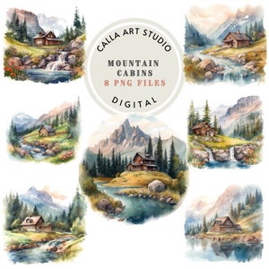 Clipart di paesaggio montano Clipart di cabina accogliente Pacchetto di clipart di cabina di montagna magica Arte murale di fiori di prato Clipart di acquerello Foresta Scrapbooking