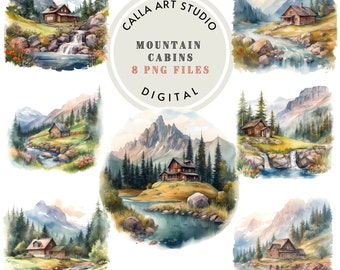 Mountain Landscape Clipart Cozy Cabin Clipart Bundle Magic Mountain Cabin Wall Art Meadow Flowers Clipart Watercolor Forest Scrapbooking