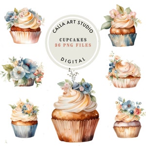 Aquarell Cupcake Clipart Bundle Lebensmittel Illustration Dessert Clipart Dekoriert Cupcake PNG Geburtstag Clipart Hochzeit Clipart Junk Journal