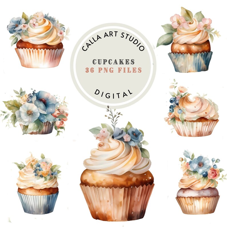 Watercolor Cupcake Clipart Bundle Food Illustration Dessert Clipart ...