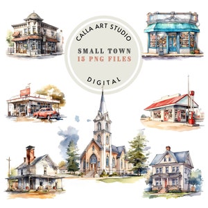 Imágenes prediseñadas de ciudad pequeña vintage, gráficos de estilo retro, conjunto de imágenes prediseñadas de edificios para uso comercial, imágenes prediseñadas de paisajes, ilustración de acuarela imprimible