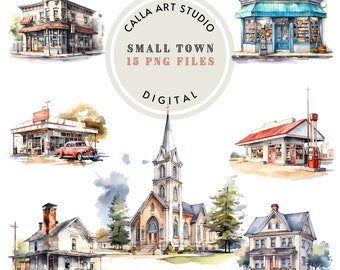 Vintage Small Town Clipart, Retro Style Graphics, Printable PNG