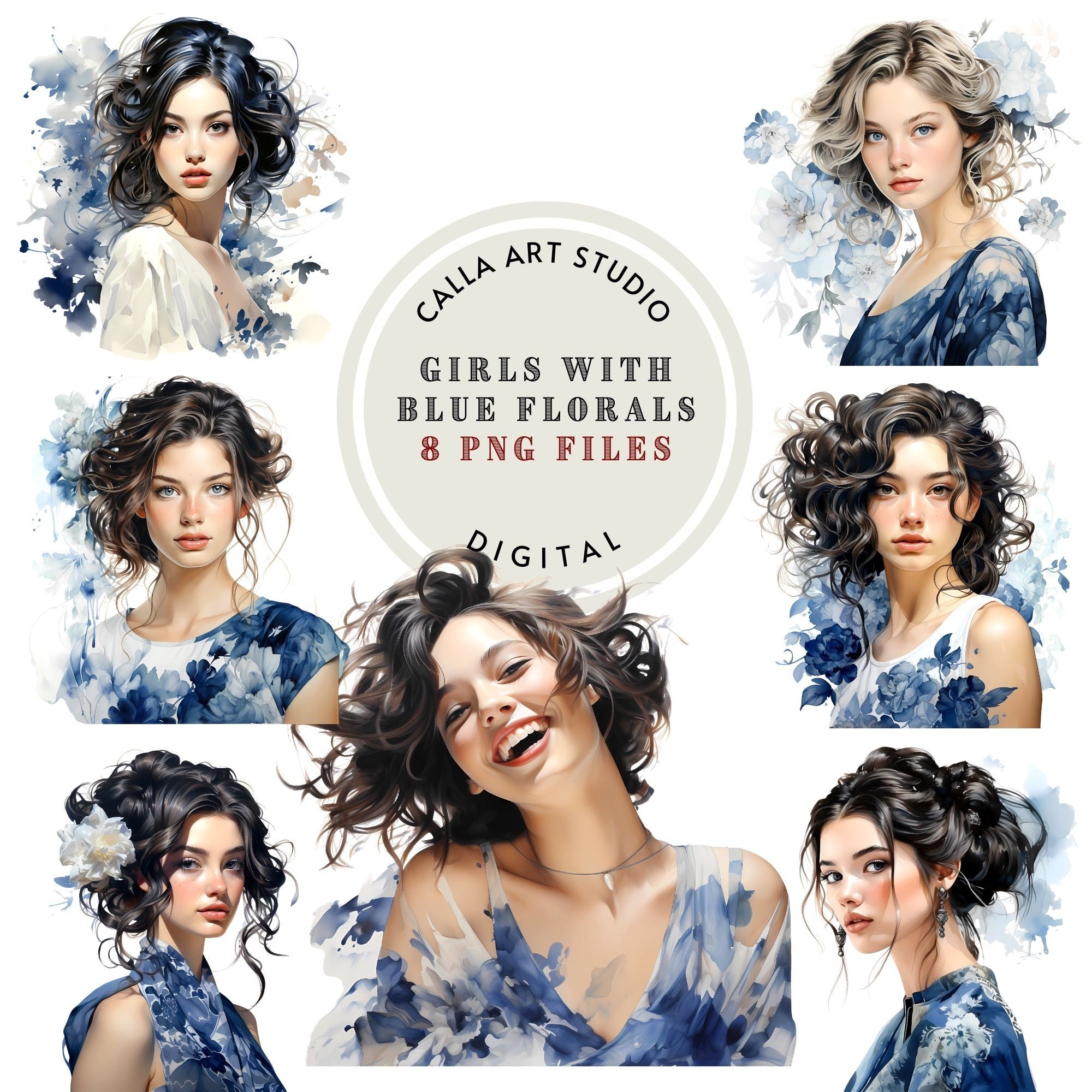 Ladies with Blue Florals  Watercolor Clipart Bundle, Girl PNG, Digital Download, Junk Journal Scrapbooking, Fashion Clipart, Commercial Use