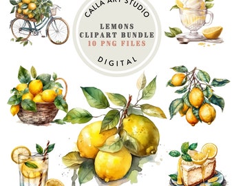 Lemons Clipart Set Citrus Fruit PNG Watercolor Clipart for Scrapbooking Junk Journal Summer Clipart Lemon PNG Commercial Use Included
