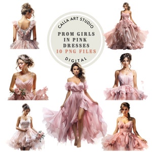 Meninas de baile em vestidos rosa Clipart Gráficos Lindas senhoras Imagens PNG digitais Clipart romântico Download instantâneo Uso comercial incluído
