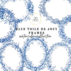 Cadres toile de Jouy bleue, éléments de cadre floral vintage pour cartes d'invitation, clipart baby shower, clipart pays Français, aquarelle PNG