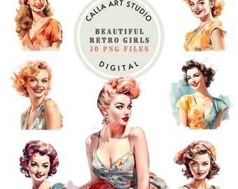 Retro Girls Clipart Images of a Girl People Wall Art Romantic Clipart Digital Download Vintage Girl PNG Beautiful Girl Art Commercial Use