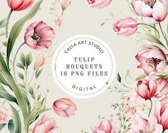 Watercolor Tulip Bouquets Clipart, Spring Floral Arrangements, Tulip Flowers, Wedding Clipart, Scrapbooking, Floral Clipart, Boho Flowers