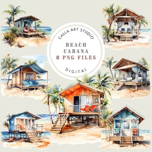 Strand Cabanas Aquarell Clipart, Tropische Hütte PNG, Seaside Cabana Illustrationen, Meerblick, Küstenbilder, Reisetagebuch, Cardamking
