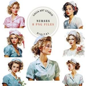 Enfermeiras retrô, pacote de clipart em aquarela, imagem de garota bonita, pessoas de arte de parede, clipart, download digital, clipart de enfermeira para uso comercial