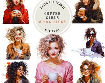 Watercolor Girls with Coffee Clipart Bundle Coffee Lover Illustrations Instant Download Cute Cafe Art Women with Mugs Digital Stickers
