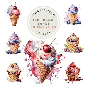 Ice Cream Clipart Watercolor Ice Cream Decor Birthday Clipart Dessert Clipart Card Clipart Junk Journal Digital Download Sweets PNG