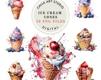 Ice Cream Clipart Watercolor Ice Cream Decor Birthday Clipart Dessert Clipart Card Clipart Junk Journal Digital Download Sweets PNG