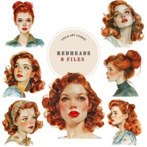 Pacote de clipart de meninas ruivas em aquarela, belas ilustrações de meninas, download instantâneo, garotas bonitas com cabelos ruivos, arte de pessoas, artesanato em papel