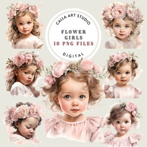 Watercolor Flower Baby Girls Clipart Bundle, Cute Children Clipart, First Communion, Floral Vintage, Digital Download Wedding Commercial Use